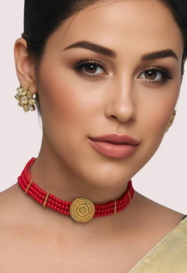 Elegance Red Beaded Necklace with Ornate Gold Medallion