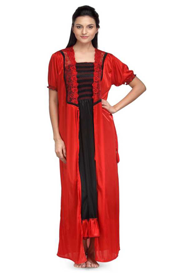 "Cute Comfy" Women's Red & Black Nightwear Gown With Robe Free