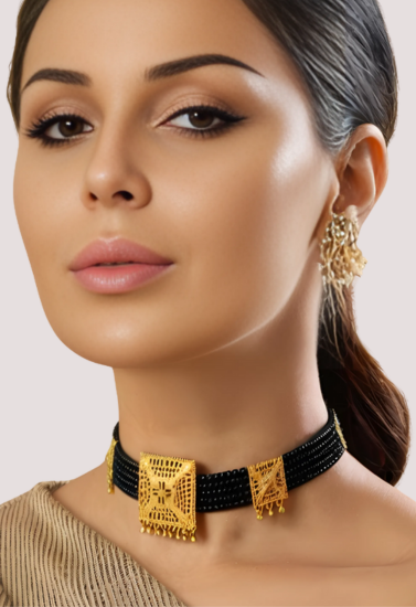 Black Beaded Necklace with Square Pendant Design