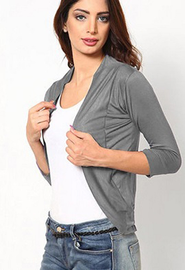 Grey 3 Quarter Sleeves Solid Shrug