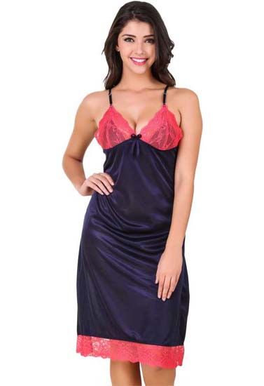 women Comfort Fit Pink Lace Royal Blue Nighty Sleepwear