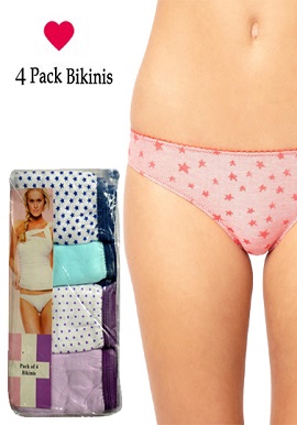Hushh Women's Assorted Cotton Stretch Bikini Panties, 4-Pack