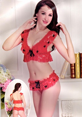 Sexy Hot Red Lace Trim Bridal Lingerie Set