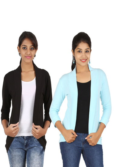 Pack Of 2- Black And Aqua Blue 3/4 Sleeves Shrug