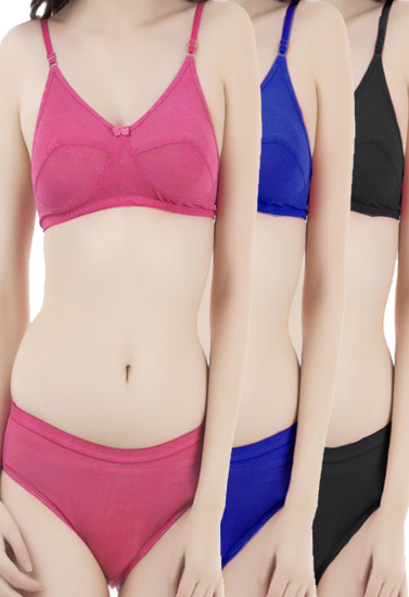 Cotton Stretch Mixed Color Bra Panty Set Lot 3