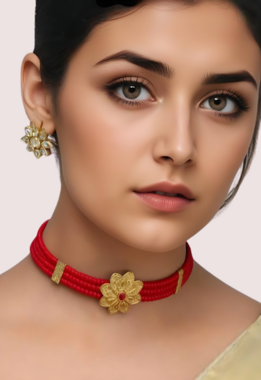 Red Beaded Necklace with Floral Gold Pendant