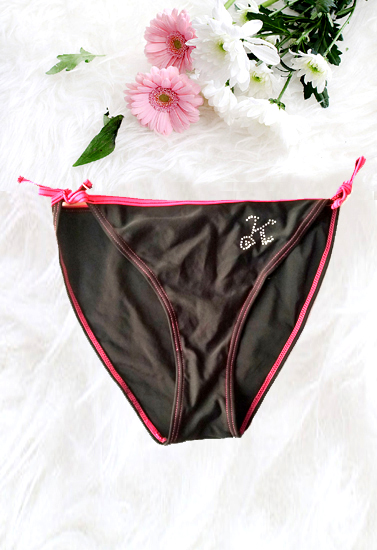 Black & Pink Side Tie Solid Bikini Bottom