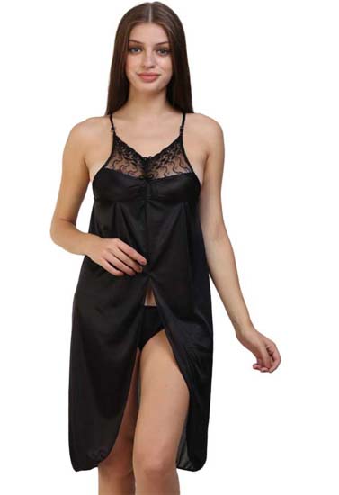 V- Neck Black Satin Blend Western Wear Nighty