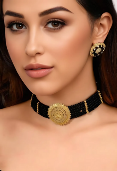 Black Beaded Necklace with Ornate Gold Floral Medallion