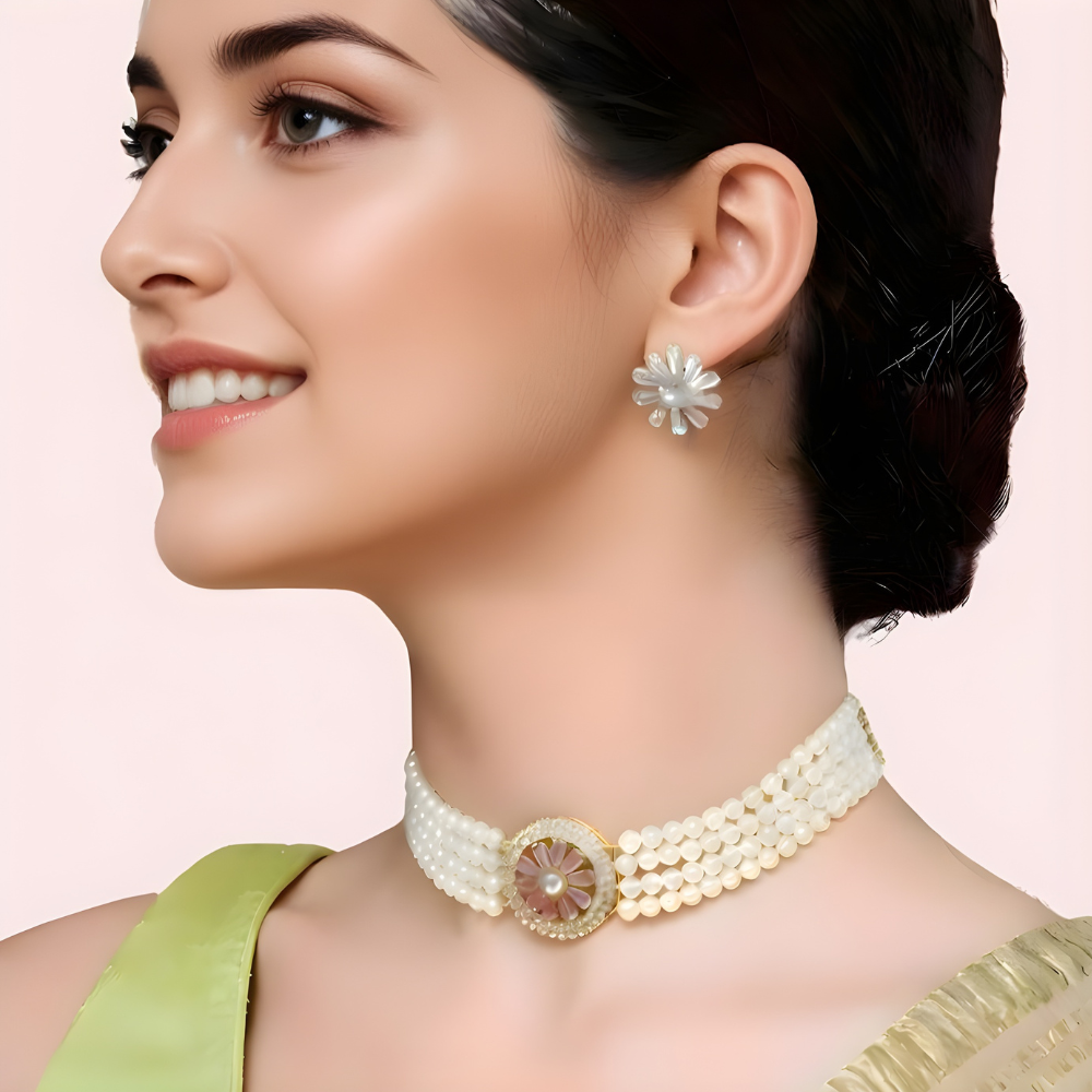 Floral Pearl Choker Necklace and Stud Earrings Set