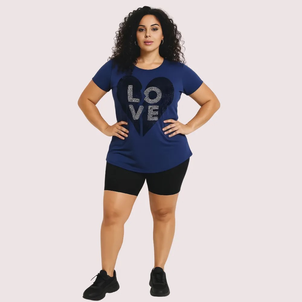 Navy Blue and LOVE and Graphic Casual Tee