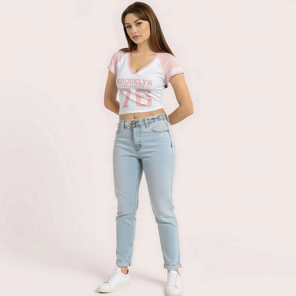 Women and Pink and Brooklyn 76and V-Neck Crop Top – Sporty Graphic Tee