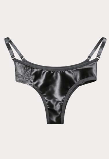 Black Satin Lace Strap Thong Panty