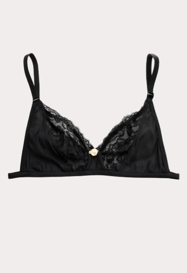 Elegant Black Lace Triangle Bralette with Sheer Mesh and Gold Charm Detail