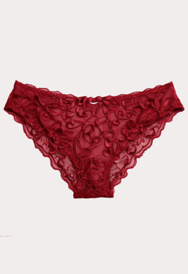 Elegant Crimson Floral Lace Panty with Satin Bow
