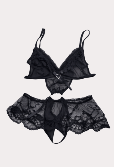 Midnight Desire Sheer Lace Lingerie Set with Heart Charm and Skirt