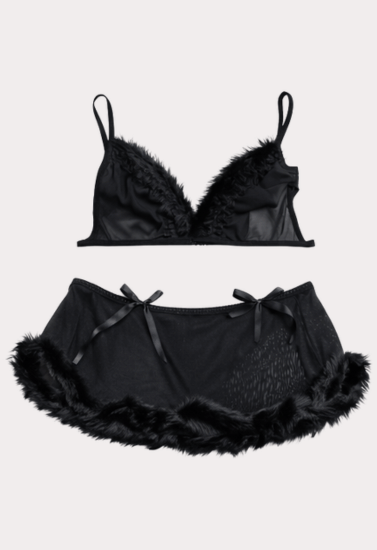 Midnight Feather Trim Sheer Lingerie Set with Bralette and Mini Skirt