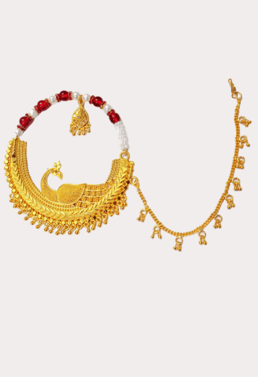 Royal Peacock Bridal Nath with Chain – Gold-Toned Red Beaded Traditional Nose Ring