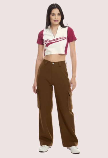 Snazzyway women's brown cargo pants paired with campus crop top stylish casual outfit for everyday wear