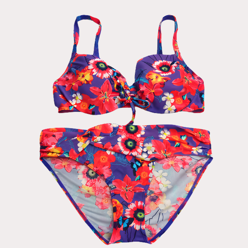 Tropical Bloom Tie-Front Halter Bikini Set – Vibrant Floral Print