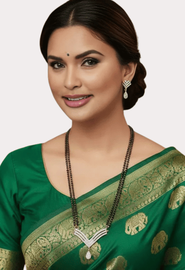 Modern V-Shape Diamond Accent Mangalsutra with Dual Black Bead Chain